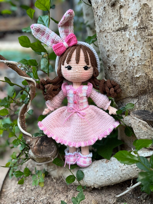 Carol Bunny Crochet Doll Pattern in Gingham Dress