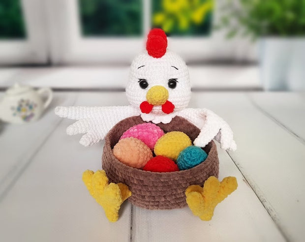 Crochet pattern amigurumi Easter hen basket with eggs