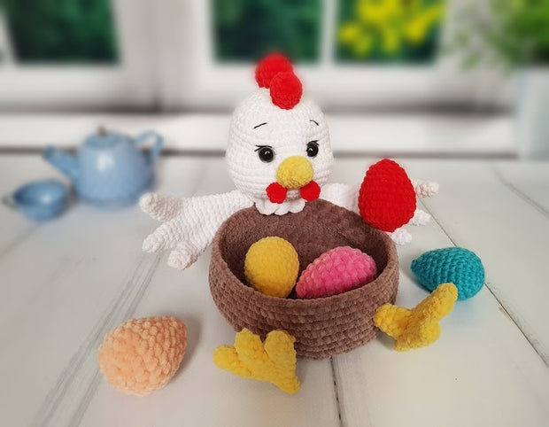 Crochet pattern amigurumi Easter hen basket with eggs