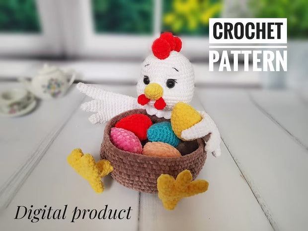 Crochet pattern amigurumi Easter hen basket with eggs