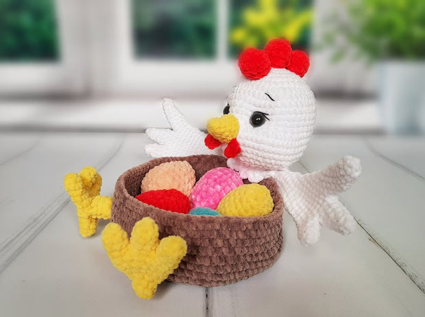 Crochet pattern amigurumi Easter hen basket with eggs