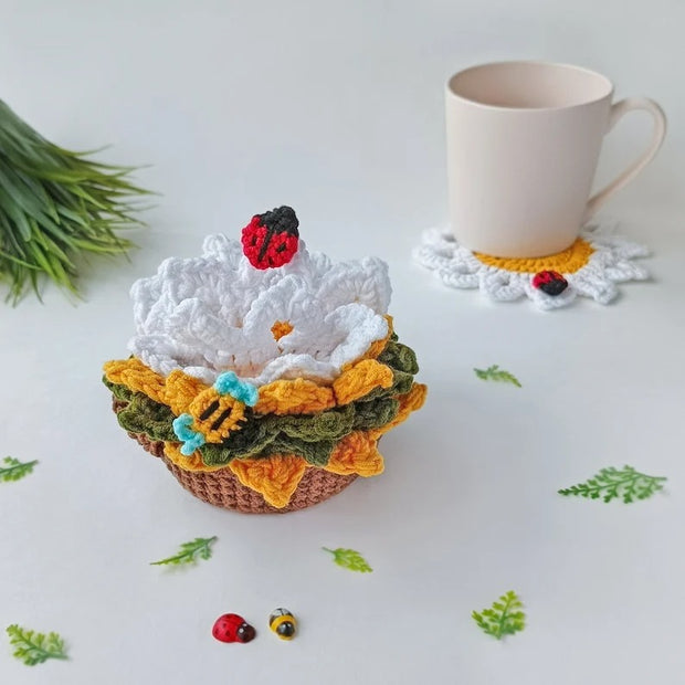 Crochet coasters in pot Sunflower and Daisy