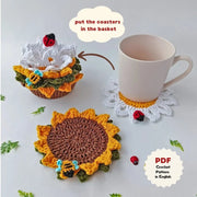 Crochet coasters in pot Sunflower and Daisy