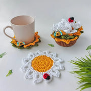 Crochet coasters in pot Sunflower and Daisy