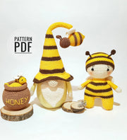 cute crochet Gnome Bee, Doll in a bee costume, honey pot.