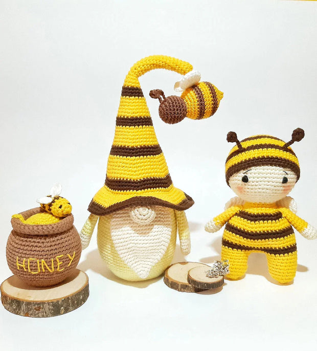 cute crochet Gnome Bee, Doll in a bee costume, honey pot.