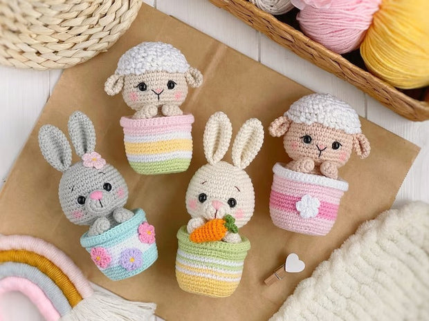 Crochet PATTERN SET Amigurumi Easter animals in pots